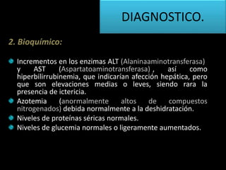 2. Bioquímico:
Incrementos en los enzimas ALT (Alaninaaminotransferasa))
y AST (Aspartatoaminotransferasa)), así como
hiperbilirrubinemia, que indicarían afección hepática, pero
que son elevaciones medias o leves, siendo rara la
presencia de ictericia.
Azotemia (anormalmente altos de compuestos
nitrogenados) debida normalmente a la deshidratación.
Niveles de proteínas séricas normales.
Niveles de glucemia normales o ligeramente aumentados.
DIAGNOSTICO.
 