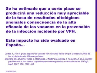JVALDESPONS
Se ha estimado que a corto plazo se
producirá una reducción muy apreciable
de la tasa de resultados citológicos
anómalos consecuencia de la alta
eficacia de las vacunas en la prevención
de la infección incidente por VPH.
Este impacto ha sido evaluado en
España…
Cortés J., Por el grupo español de vacuna vph: vacunas frente al vph. Consenso 2008 de
las sociedades científicas españolas.
Mayrand MH, Duarte-Franco e, Rodrigues I, Walter SD, Hanley J, Ferenczy A, et al. Human
papillomavirus dna versus papanicolaou screening tests for cervical cancer. N Engl J
Med. 2007; 357: 1579 - 88.
 