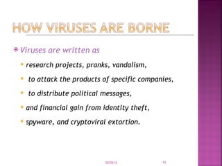 Viruses are written as   research projects, pranks, vandalism, to attack the products of specific companies, to distribute political messages,  and financial gain from identity theft,  spyware, and cryptoviral extortion.  02/28/12 
