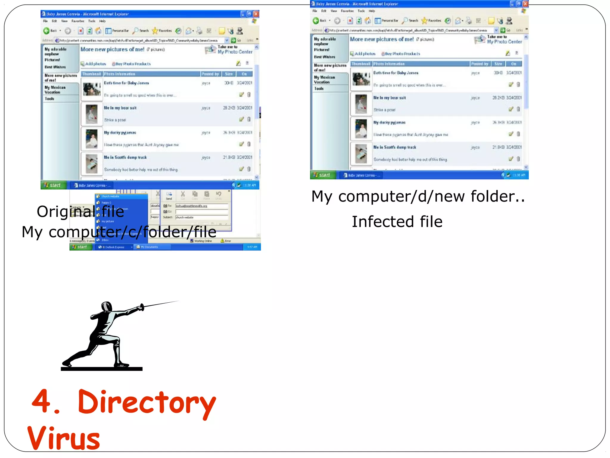 Original file
My computer/c/folder/file
Infected file
My computer/d/new folder..
4. Directory
Virus
 