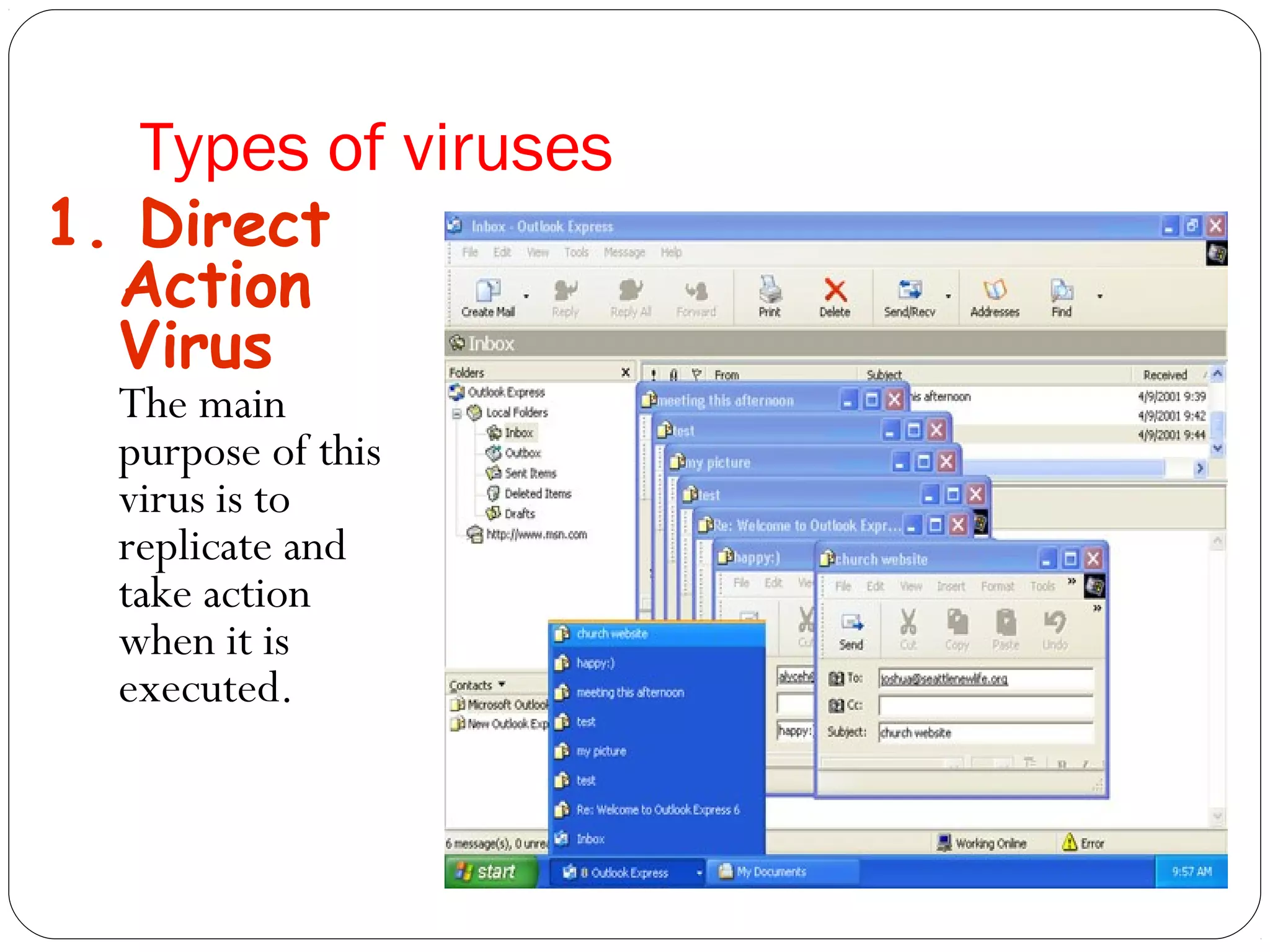 Types of viruses
1. Direct
Action
Virus
The main
purpose of this
virus is to
replicate and
take action
when it is
executed.
 