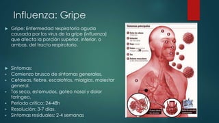 Influenza: Gripe 
 Gripe: Enfermedad respiratoria aguda 
causada por los virus de la gripe (influenza) 
que afecta la porción superior, inferior, o 
ambas, del tracto respiratorio. 
 Síntomas: 
 Comienzo brusco de síntomas generales. 
 Cefaleas, fiebre, escalofríos, mialgias, malestar 
general. 
 Tos seca, estornudos, goteo nasal y dolor 
faríngeo. 
 Período crítico: 24-48h 
 Resolución: 3-7 días. 
 Síntomas residuales: 2-4 semanas 
 
