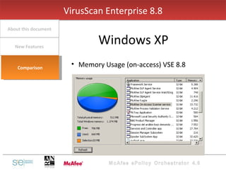 Memory Usage (on-access) VSE 8.8 VirusScan Enterprise 8.8 Windows XP New Features About this document Comparison 
