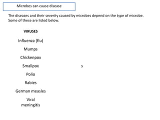 Microbes can cause disease
The diseases and their severity caused by microbes depend on the type of microbe.
Some of these are listed below.
VIRUSES
Influenza (flu)
Mumps
Chickenpox
Smallpox s
Polio
Rabies
German measles
Viral
meningitis
 