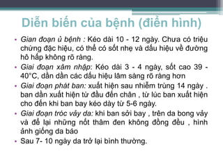 Diễn biến của bệnh (điển hình)
• Gian đoạn ủ bệnh : Kéo dài 10 - 12 ngày. Chưa có triệu
chứng đặc hiệu, có thể có sốt nhẹ và dấu hiệu về đường
hô hấp không rõ ràng.
• Giai đoạn xâm nhập: Kéo dài 3 - 4 ngày, sốt cao 39 -
40°C, dần dần các dấu hiệu lâm sàng rõ ràng hơn
• Giai đoạn phát ban: xuất hiện sau nhiễm trùng 14 ngày .
ban dần xuất hiện từ đầu đến chân , từ lúc ban xuất hiện
cho đến khi ban bay kéo dày từ 5-6 ngày.
• Giai đoạn tróc vảy da: khi ban sởi bay , trên da bong vảy
và để lại những nốt thâm đen không đồng đều , hình
ảnh giống da báo
• Sau 7- 10 ngày da trở lại bình thường.
 