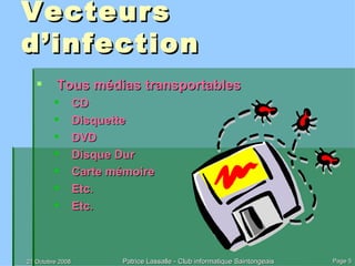 Vecteurs d’infection Tous médias transportables CD Disquette DVD Disque Dur Carte mémoire Etc. Etc. 