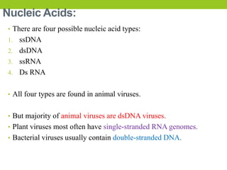 Nucleic Acids:
• There are four possible nucleic acid types:
1. ssDNA
2. dsDNA
3. ssRNA
4. Ds RNA
• All four types are found in animal viruses.
• But majority of animal viruses are dsDNA viruses.
• Plant viruses most often have single-stranded RNA genomes.
• Bacterial viruses usually contain double-stranded DNA.
 