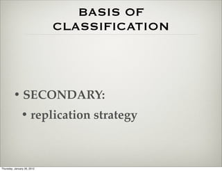 BASIS OF
                             CLASSIFICATION



         • SECONDARY:
               • replication strategy



Thursday, January 26, 2012
 