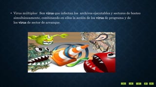 • Virus múltiples: Son virus que infectan los archivos ejecutables y sectores de booteo
simultáneamente, combinando en ellos la acción de los virus de programa y de
los virus de sector de arranque.
 