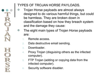 TYPES OF TROJAN HORSE PAYLOADS. Trojan Horse payloads are almost always designed to do various harmful things, but could be harmless. They are broken down in classification based on how they breach system and the damage they cause: The eight main types of Trojan Horse payloads are: Remote access. Data destructive email sending. Downloader. Proxy Trojan (disguising others as the infected computer). FTP Trojan (adding or copying data from the infected computer). Security software disabler. TROJAN HORSE 