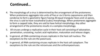 Continued…
4. The morphology of a virus is determined by the arrangement of the protomeres.
When protomeres aggregate into units of five or six it forms capsomeres and then
condense to form a geometric figure having 20 equal triangular faces and 12 apices,
the virus is said to have icosahedral (cubic) morphology. When protomeres aggregate
to form a capped tube, they are said to have helical morphology. Any other
arrangement of the protomeres results in a complex morphology.
5. All viruses undergo a replication cycle in their host cell consisting of adsorption,
penetration, uncoating, nucleic acid replication, maturation and release stages.
6. In general, all DNA-containing viruses replicate in the host cell nucleus. The
exceptions to the rule are the poxviruses.
7. In general, all RNA-containing viruses replicate in the host cell cytoplasm. The
exceptions to the rule are the retroviruses and the orthomyxoviruses.
 