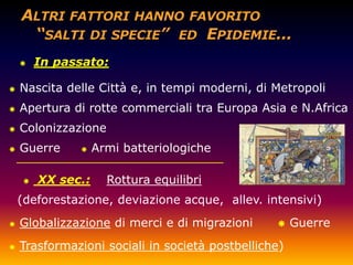    In passato:

   Nascita delle Città e, in tempi moderni, di Metropoli
   Apertura di rotte commerciali tra Europa Asia e N.Africa
   Colonizzazione
   Guerre        Armi batteriologiche

       XX sec.:     Rottura equilibri
    (deforestazione, deviazione acque, allev. intensivi)
   Globalizzazione di merci e di migrazioni         Guerre
   Trasformazioni sociali in società postbelliche)
 