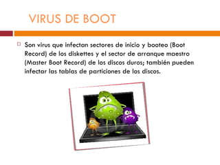 VIRUS DE BOOT
   Son virus que infectan sectores de inicio y booteo (Boot
    Record) de los diskettes y el sector de arranque maestro
    (Master Boot Record) de los discos duros; también pueden
    infectar las tablas de particiones de los discos.
 