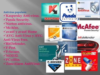 Antivirus populares
Kaspersky Anti-virus.
Panda Security.
Norton antivirus.
McAfee.
avast! y avast! Home
AVG Anti-Virus y AVG
Anti-Virus Free.
BitDefender.
F-Prot.
F-Secure.
NOD32.
PC-cillin.
ZoneAlarm AntiVirus.
 