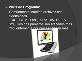    Virus de Programa:
    Comúnmente infectan archivos con
    extensiones
    .EXE, .COM, .OVL, .DRV, BIN, DLL, y
    SYS., los dos primeros son atacados más
    frecuentemente por que se utilizan mas.
 