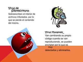 Virus de
  Sobrescritura:
Sobreescriben el interior de
archivos infectados, por lo
que se pierde el contenido
del mismo.



                               Virus Mutantes_
                               Van cambiando su propio
                               código cuando se van
                               reproduciendo, se pueden
                               encriptar por lo que es
                                  muy
                               detectarlos y eliminarlos.
 
