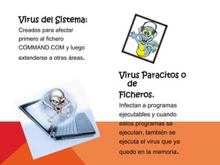 Virus del Sistema:
Creados para afectar
primero al fichero
COMMAND.COM y luego
extenderse a otras áreas.


                            Virus Paracitos o
                              de
                            Ficheros.
                            Infectan a programas
                            ejecutables y cuando
                            estos programas se
                            ejecutan, también se
                            ejecuta el virus que ya
                            quedo en la memoria.
 