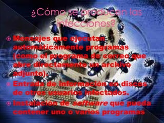  Mensajes  que ejecutan
  automáticamente programas
  (como el programa de correo que
  abre directamente un archivo
  adjunto).
 Entrada de información en discos
  de otros usuarios infectados.
 Instalación de software que pueda
  contener uno o varios programas
 