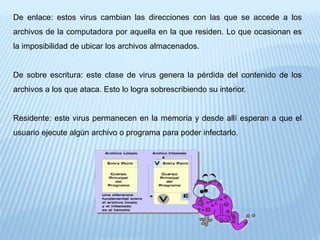 De enlace: estos virus cambian las direcciones con las que se accede a los
archivos de la computadora por aquella en la que residen. Lo que ocasionan es
la imposibilidad de ubicar los archivos almacenados.
De sobre escritura: este clase de virus genera la pérdida del contenido de los
archivos a los que ataca. Esto lo logra sobrescribiendo su interior.
Residente: este virus permanecen en la memoria y desde allí esperan a que el
usuario ejecute algún archivo o programa para poder infectarlo.
 