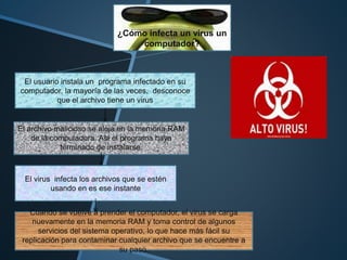 ¿Cómo infecta un virus un 
computador? 
El usuario instala un programa infectado en su 
computador, la mayoría de las veces, desconoce 
que el archivo tiene un virus 
El archivo malicioso se aloja en la memoria RAM 
de la computadora. Así el programa haya 
terminado de instalarse. 
El virus infecta los archivos que se estén 
usando en es ese instante 
Cuando se vuelve a prender el computador, el virus se carga 
nuevamente en la memoria RAM y toma control de algunos 
servicios del sistema operativo, lo que hace más fácil su 
replicación para contaminar cualquier archivo que se encuentre a 
su paso. 
 