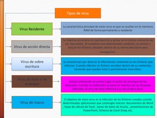 Tipos de virus 
Virus Residente 
Virus de acción directa 
Virus de sobre 
escritura 
Virus de boot o de 
arranque 
Virus de macro 
La característica principal de estos virus es que se ocultan en la memoria 
RAM de forma permanente o residente 
Su objetivo prioritario es reproducirse y actuar en el mismo momento de 
ser ejecutados. Al cumplirse una determinada condición, se activan y 
buscan los ficheros ubicados dentro de su mismo directorio para 
contagiarlos. 
se caracterizan por destruir la información contenida en los ficheros que 
infectan. Cuando infectan un fichero, escriben dentro de su contenido, 
haciendo que queden total o parcialmente inservibles. 
Actúan infectando en primer lugar el sector de arranque de los 
disquetes. Cuando un ordenador se pone en marcha con un disquete 
infectado, el virus de boot infectará a su vez el disco duro. 
El objetivo de estos virus es la infección de los ficheros creados usando 
determinadas aplicaciones que contengan macros: documentos de Word 
, hojas de cálculo de Excel , bases de datos de Access , presentaciones de 
PowerPoint, ficheros de Corel Draw, etc. 
 