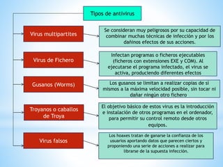 Tipos de antivirus 
Virus multipartites 
Virus de Fichero 
Gusanos (Worms) 
Troyanos o caballos 
de Troya 
Virus falsos 
Se consideran muy peligrosos por su capacidad de 
combinar muchas técnicas de infección y por los 
dañinos efectos de sus acciones. 
Infectan programas o ficheros ejecutables 
(ficheros con extensiones EXE y COM). Al 
ejecutarse el programa infectado, el virus se 
activa, produciendo diferentes efectos 
Los gusanos se limitan a realizar copias de sí 
mismos a la máxima velocidad posible, sin tocar ni 
dañar ningún otro fichero. 
El objetivo básico de estos virus es la introducción 
e instalación de otros programas en el ordenador, 
para permitir su control remoto desde otros 
equipos. 
Los hoaxes tratan de ganarse la confianza de los 
usuarios aportando datos que parecen ciertos y 
proponiendo una serie de acciones a realizar para 
librarse de la supuesta infección. 
 