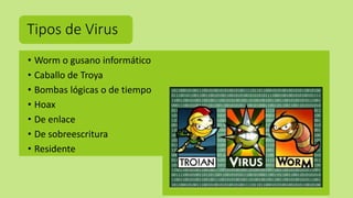 Tipos de Virus
• Worm o gusano informático
• Caballo de Troya
• Bombas lógicas o de tiempo
• Hoax
• De enlace
• De sobreescritura
• Residente
 