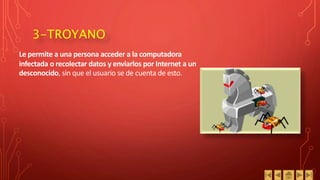 3-TROYANO
Le permite a una persona acceder a la computadora
infectada o recolectar datos y enviarlos por Internet a un
desconocido, sin que el usuario se de cuenta de esto.
 