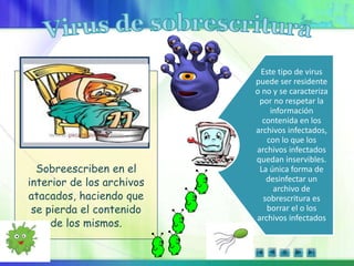 Sobreescriben en el
interior de los archivos
atacados, haciendo que
se pierda el contenido
de los mismos.
Este tipo de virus
puede ser residente
o no y se caracteriza
por no respetar la
información
contenida en los
archivos infectados,
con lo que los
archivos infectados
quedan inservibles.
La única forma de
desinfectar un
archivo de
sobrescritura es
borrar el o los
archivos infectados
 