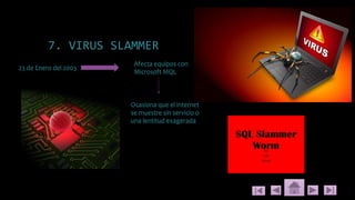 7. VIRUS SLAMMER
23 de Enero del 2003
Afecta equipos con
Microsoft MQL
Ocasiona que el internet
se muestre sin servicio o
una lentitud exagerada
 
