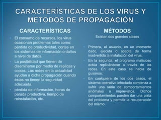 CARACTERÍSTICAS                                 MÉTODOS
• El consumo de recursos, los virus             Existen dos grandes clases
  ocasionan problemas tales como:
  pérdida de productividad, cortes en   •   Primera, el usuario, en un momento
  los sistemas de información o daños       dado, ejecuta o acepta de forma
  a nivel de datos.                         inadvertida la instalación del virus.
• La posibilidad que tienen de          •   En la segunda, el programa malicioso
  diseminarse por medio de replicas y       actúa replicándose a través de las
  copias. Las redes en la actualidad        redes. En este caso se habla de
                                            gusanos.
  ayudan a dicha propagación cuando
  éstas no tienen la seguridad          •   En cualquiera de los dos casos, el
  adecuada.                                 sistema operativo infectado comienza a
                                            sufrir una serie de comportamientos
• pérdida de información, horas de          anómalos o imprevistos. Dichos
  parada productiva, tiempo de              comportamientos pueden dar una pista
  reinstalación, etc.                       del problema y permitir la recuperación
                                            del mismo.
 