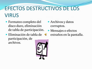 EFECTOS DESTRUCTIVOS DE LOS
VIRUS
 Formateo completo del         Archivos y datos
  disco duro, eliminación        corruptos.
  de tabla de participación.    Mensajes o efectos
 Eliminación de tabla de        extraños en la pantalla.
  participación, de
  archivos.
 
