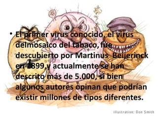 El primer virus conocido, el virus delmosaico del tabaco,   fue descubierto por Martinus  Beijerinck en 1899,y actualmente se han descrito más de 5.000, si bien algunos autores opinan que podrían existir millones de tipos diferentes. 