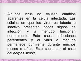 • Algunos virus no causan cambios
aparentes en la célula infectada. Las
células en que los virus es latente e
inactivo presentan pocos signos de
infección y a menudo funcionan
normalmente. Esto causa infecciones
persistentes y el virus a menudo
permanece durmiente durante muchos
meses o años. Este suele ser el caso
del herpes simple.
 