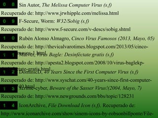 Recuperado de: http://www.jrwhipple.com/melissa.html
Sin Autor, The Melissa Computer Virus (s.f)
Recuperado de: http://www.f-secure.com/v-descs/sobig.shtml
F-Secure, Worm: W32/Sobig (s.f)
Recuperado de: http://thevicalvarotimes.blogspot.com/2013/05/cinco-
virus-famosos-1.html
Rubén Alonso Almagro, Cinco Virus Famosos (2013, Mayo, 05)
Recuperado de: http://apesta2.blogspot.com/2008/10/virus-baglekp-
desinfactate-gratis.html
Malver, Virus Bagle: Desinféctate gratis (s.f)
Recuperado de: http://www.syschat.com/40-years-since-first-computer-
virus-6740.html
DominicD, 40 Years Since the First Computer Virus (s.f)
Recuperado de: http://www.newgrounds.com/bbs/topic/128231
xcrime-cyber, Beware of the Sasser Virus!(2004, Mayo, 7)
http://www.iconarchive.com/show/sinem-icons-by-robsonbillponte/File-
IconArchive, File Download Icon (s.f). Recuperado de:
 