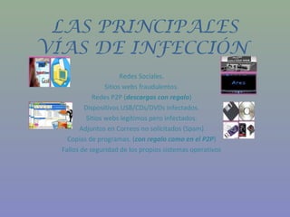 LAS PRINCIPALES
VÍAS DE INFECCIÓN
                        Redes Sociales.
                  Sitios webs fraudulentos.
             Redes P2P (descargas con regalo)
          Dispositivos USB/CDs/DVDs infectados.
           Sitios webs legítimos pero infectados.
        Adjuntos en Correos no solicitados (Spam)
    Copias de programas. (con regalo como en el P2P)
  Fallos de seguridad de los propios sistemas operativos
 