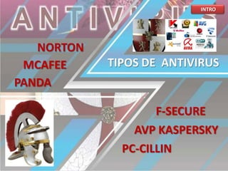 INTRO

NORTON
MCAFEE
PANDA

TIPOS DE ANTIVIRUS

F-SECURE
AVP KASPERSKY
PC-CILLIN

 