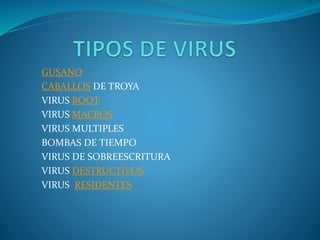 GUSANO
CABALLOS DE TROYA
VIRUS BOOT
VIRUS MACROS
VIRUS MULTIPLES
BOMBAS DE TIEMPO
VIRUS DE SOBREESCRITURA
VIRUS DESTRUCTIVOS
VIRUS RESIDENTES
 