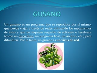 Un gusano es un programa que se reproduce por sí mismo,
que puede viajar a través de redes utilizando los mecanismos
de éstas y que no requiere respaldo de software o hardware
(como un disco duro, un programa host, un archivo, etc.) para
difundirse. Por lo tanto, un gusano es un virus de red.
 