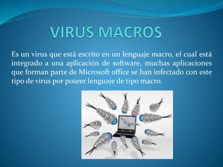 Es un virus que está escrito en un lenguaje macro, el cual está
integrado a una aplicación de software, muchas aplicaciones
que forman parte de Microsoft office se han infectado con este
tipo de virus por poseer lenguaje de tipo macro.
 