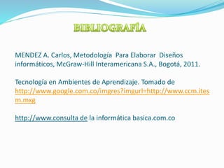 MENDEZ A. Carlos, Metodología Para Elaborar Diseños
informáticos, McGraw-Hill Interamericana S.A., Bogotá, 2011.
Tecnología en Ambientes de Aprendizaje. Tomado de
http://www.google.com.co/imgres?imgurl=http://www.ccm.ites
m.mxg
http://www.consulta de la informática basica.com.co
 