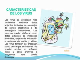 Los virus se propagan más
fácilmente mediante datos
adjuntos incluidos en mensajes
de correo electrónico o de
mensajería instantánea. Los
virus se pueden disfrazar como
datos adjuntos de imágenes
divertidas, tarjetas de felicitación
o archivos de audio y vídeo.
Los virus también se propagan
como descargas en Internet. Se
pueden ocultar en software
ilícito u otros archivos o
programas que puede
descargar.
volver
 