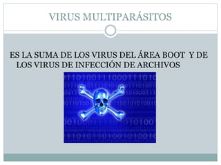 VIRUS MULTIPARÁSITOS
ES LA SUMA DE LOS VIRUS DEL ÁREA BOOT Y DE
LOS VIRUS DE INFECCIÓN DE ARCHIVOS
 