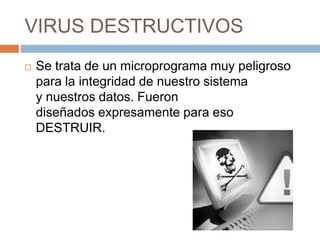 VIRUS DESTRUCTIVOS
 Se trata de un microprograma muy peligroso
para la integridad de nuestro sistema
y nuestros datos. Fueron
diseñados expresamente para eso
DESTRUIR.
 