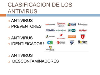 CLASIFICACION DE LOS
ANTIVIRUS
 ANTIVIRUS
 PREVENTORES
 ANTIVIRUS
 IDENTIFICADORES
 ANTIVIRUS
 DESCONTAMINADORES
 
