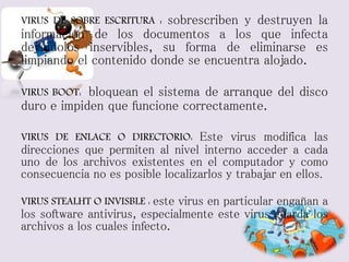 VIRUS DE SOBRE ESCRITURA : sobrescriben y destruyen la 
información de los documentos a los que infecta 
dejándolos inservibles, su forma de eliminarse es 
limpiando el contenido donde se encuentra alojado. 
VIRUS BOOT: bloquean el sistema de arranque del disco 
duro e impiden que funcione correctamente. 
VIRUS DE ENLACE O DIRECTORIO: Este virus modifica las 
direcciones que permiten al nivel interno acceder a cada 
uno de los archivos existentes en el computador y como 
consecuencia no es posible localizarlos y trabajar en ellos. 
VIRUS STEALHT O INVISBLE : este virus en particular engañan a 
los software antivirus, especialmente este virus guarda los 
archivos a los cuales infecto. 
 