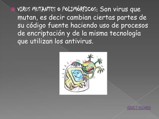    VIRUS MUTANTES O POLIMÓRFICOS: Son virus que
    mutan, es decir cambian ciertas partes de
    su código fuente haciendo uso de procesos
    de encriptación y de la misma tecnología
    que utilizan los antivirus.
 