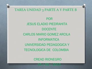 TAREA UNIDAD 3 PARTE A Y PARTE B
POR 
JESUS ELADIO PIEDRAHITA 
DOCENTE 
CARLOS MARIO GOMEZ ARCILA 
INFORMATICA 
UNIVERSIDAD PEDAGOGICA Y
TECNOLOGICA DE COLOMBIA
CREAD RIONEGRO 
16 / 05 / 2015
 