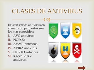 
CLASES DE ANTIVIRUS
Existen varios antivirus en
el mercado pero estos son
los mas conocidos:
I. AVG antivirus.
II. NOD 32.
III. AVAST antivirus.
IV. AVIRA antivirus.
V. NORTO antivirus.
VI. KASPERSKY
antivirus.
 