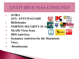   AVIRA
    AVG ANTI-WALVARE
   BitDefender
   NORTON SECURITY SCAN
   McAffe Virus Scan.
   IBM Antivirus.
   Symantec Antivirus for the Macintosh.
   Virex.
    Desinfectant.
 